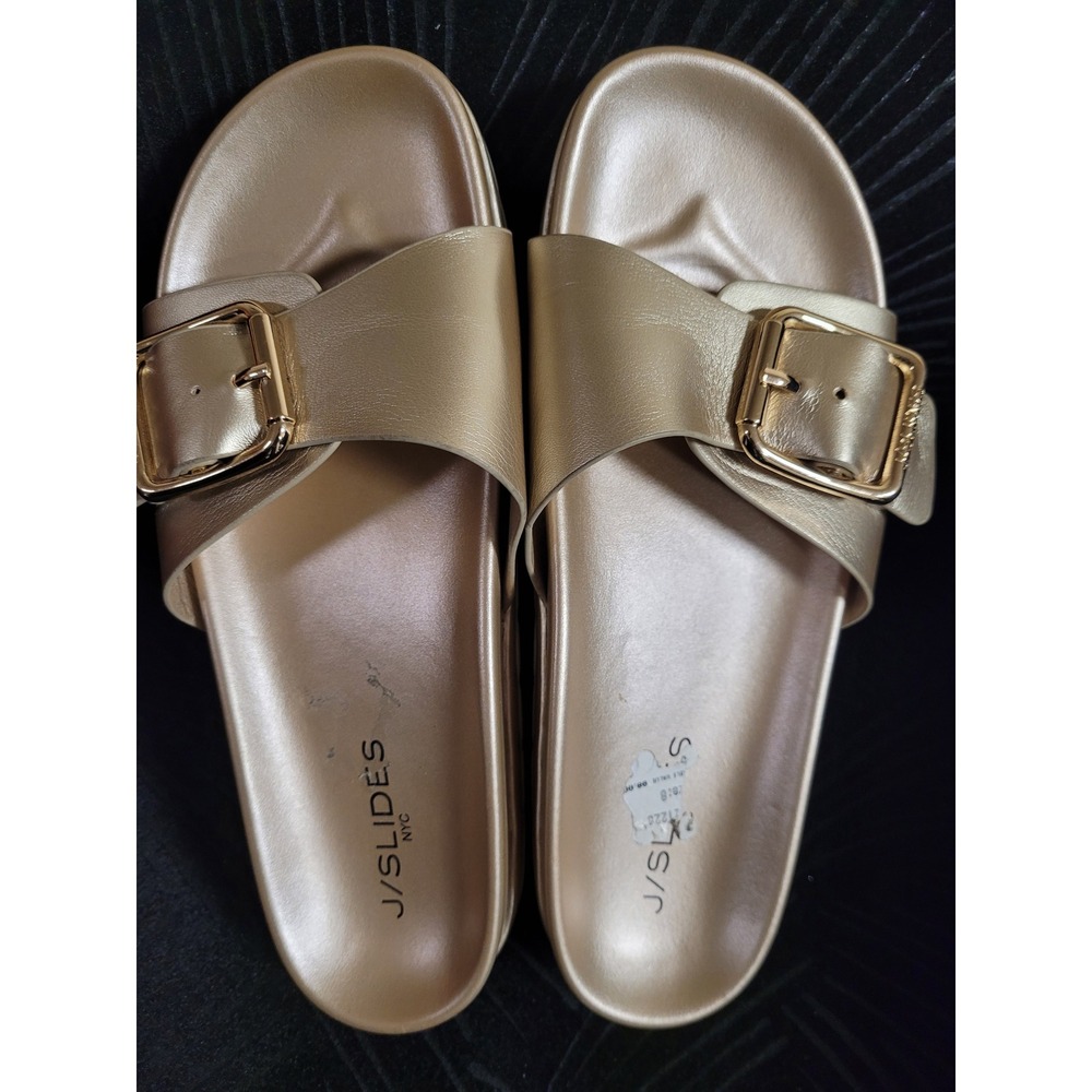 J/Slides NYC Womens‎ Metallic Gold Buckle Platform Slide Sandals Summer Size 8